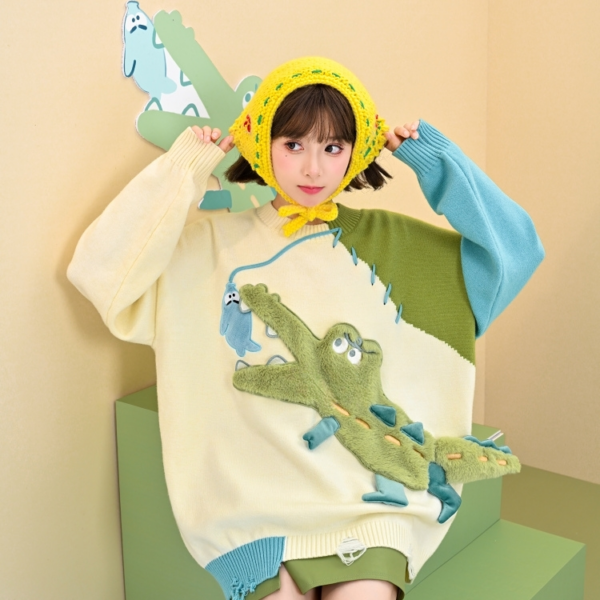 Maglione sciolto con ricamo coccodrillo simpatico cartone animato autunno kawaii