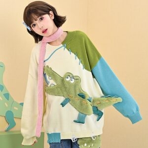 Cute Cartoon Crocodile Embroidery Loose Sweater autumn kawaii