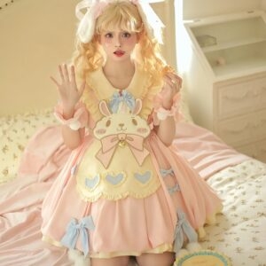 Simpatico abito Lolita ricamato con coniglietto rosa cartone animato coniglietto kawaii