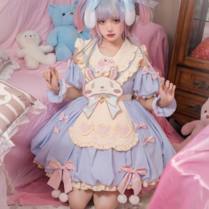 Śliczna różowa kreskówka króliczek haftowana sukienka Lolita króliczek kawaii
