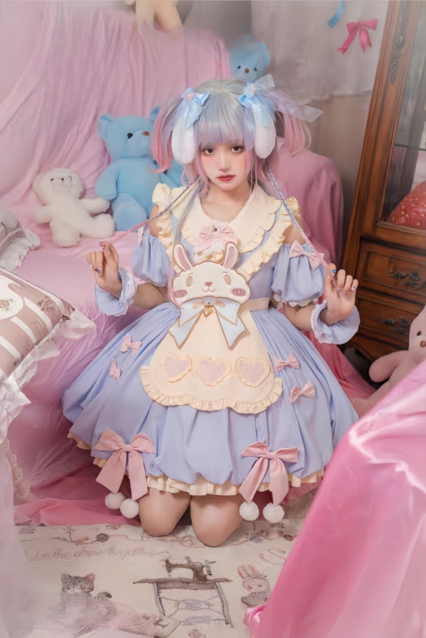 Simpatico vestito lolita ricamato con coniglietto rosa dei cartoni animati 7