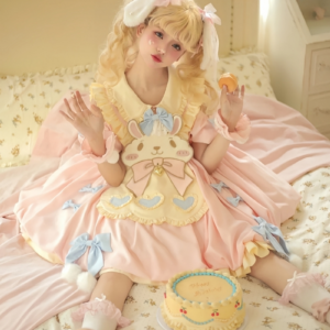 Vestido lolita bordado de coelhinho rosa fofo coelho kawaii