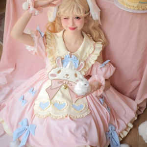 Robe Lolita brodée de lapin de dessin animé rose mignon, lapin kawaii
