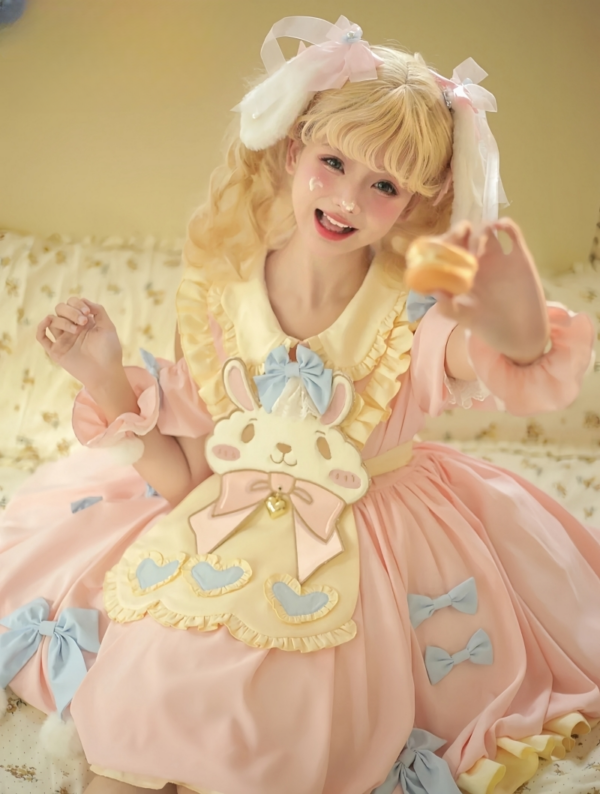 Lindo conejito rosa de dibujos animados bordado vestido de Lolita