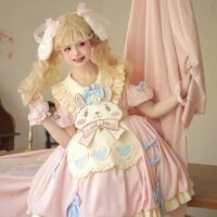 Süßes rosa Cartoon-Häschen-gesticktes Lolita-Kleid Hase kawaii