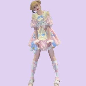 Simpatico abito Lolita ricamato con coniglietto rosa cartone animato coniglietto kawaii