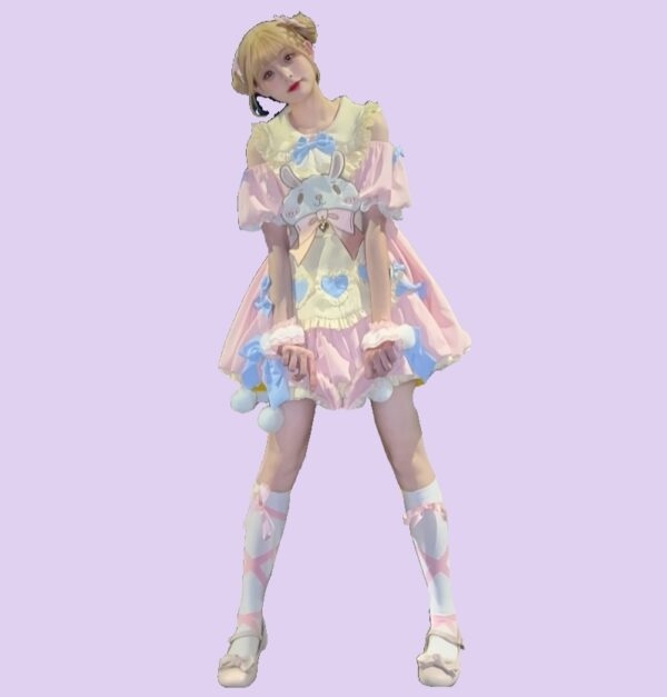 Simpatico vestito lolita ricamato con coniglietto rosa dei cartoni animati 3