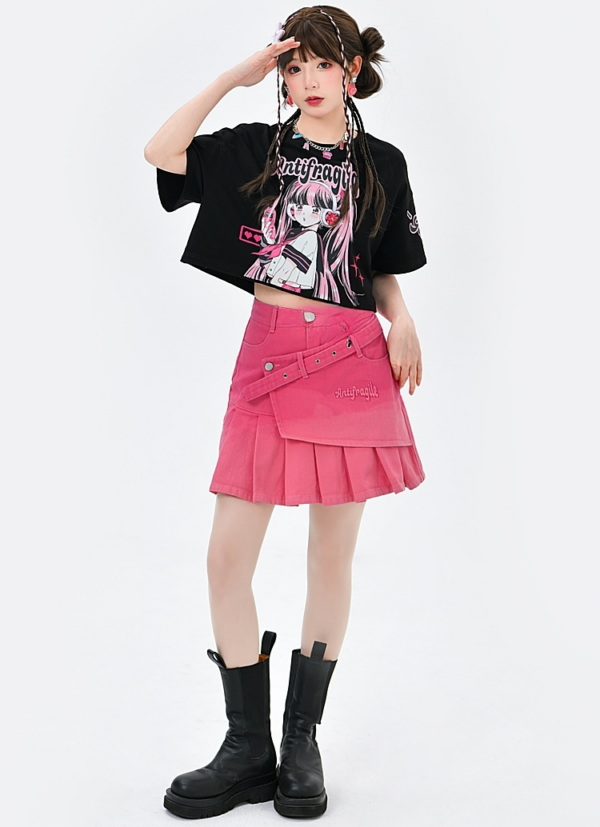 Dopamin-Outfit-Stil, rosa Farbverlaufsrock mit hoher Taille Jeansrock kawaii