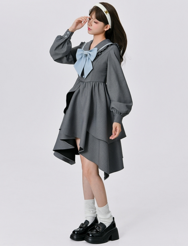Herfst college stijl grijze onregelmatige jurk Kawaii van de universiteit