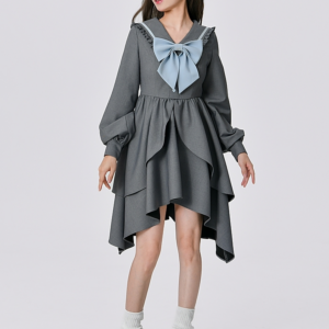 Осеннее серое платье нестандартной формы в студенческом стиле Колледж каваи