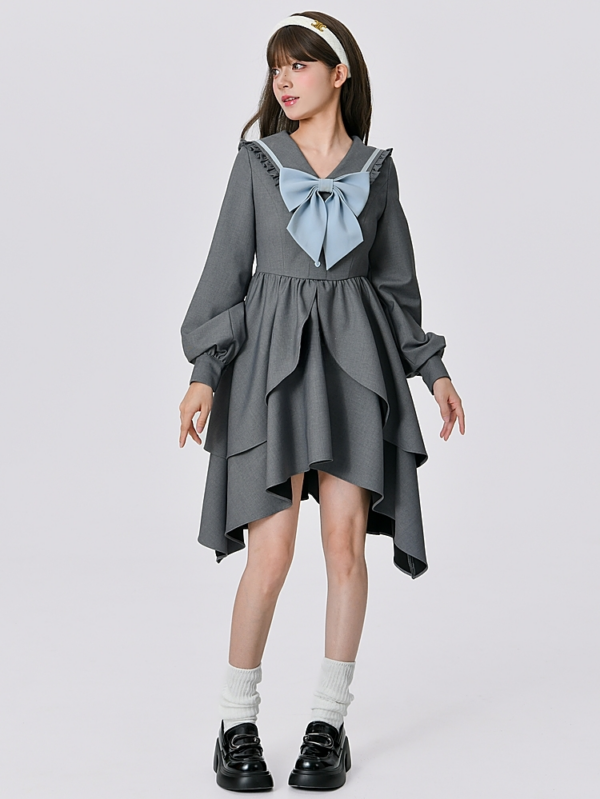 Осеннее серое платье нестандартной формы в студенческом стиле Колледж каваи