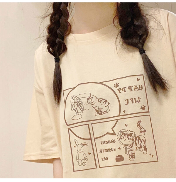 Japanese Soft Girl Style White Cartoon Kitten Print T-shirt 9