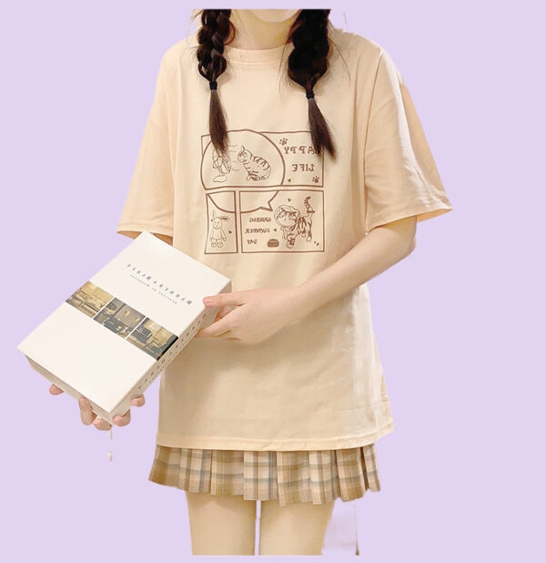 Japanese Soft Girl Style White Cartoon Kitten Print T-shirt 4