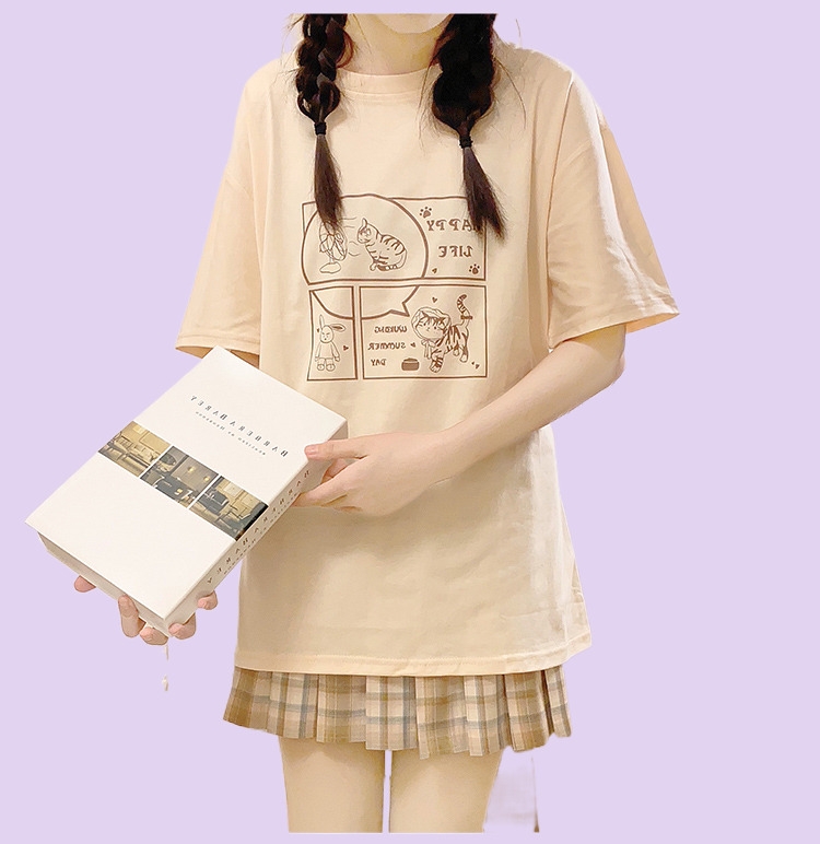 Kawaii Soft Girl Estilo Japanese Cartoon Print T-shirt - Loja de