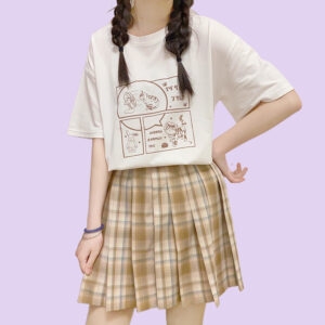 Japanese Soft Girl Style White Cartoon Kitten Print T-shirt