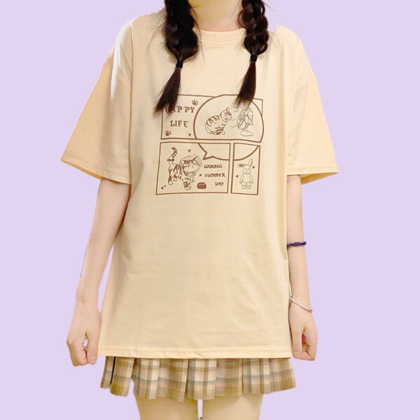 Japanese Soft Girl Style White Cartoon Kitten Print T-shirt 2