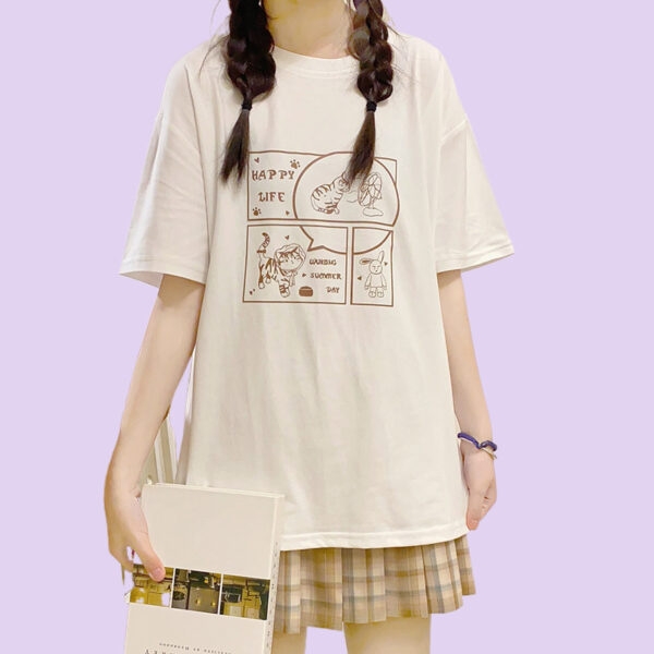 Japanese Soft Girl Style White Cartoon Kitten Print T-shirt 1