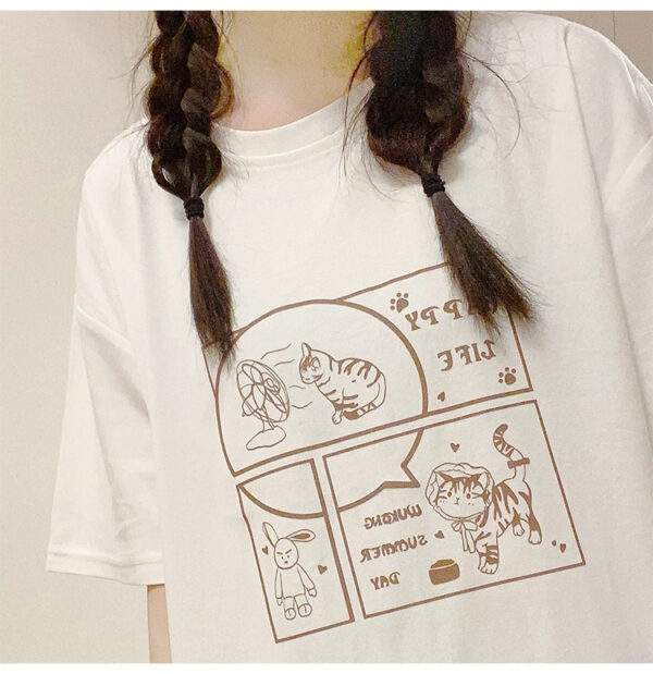 Japanese Soft Girl Style White Cartoon Kitten Print T-shirt 7