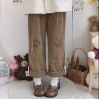 Kawaii sztruksowe spodnie z szerokimi nogawkami Śliczne kawaii