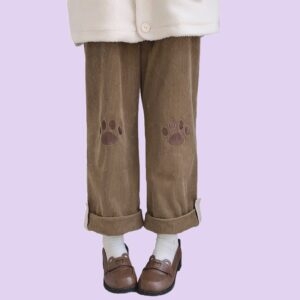 Calça de veludo cotelê Kawaii com perna larga fofa kawaii