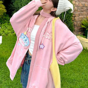 카와이 여성스러운 스타일 핑크 3D 만화 문어 자수 코트 코트 카와이
