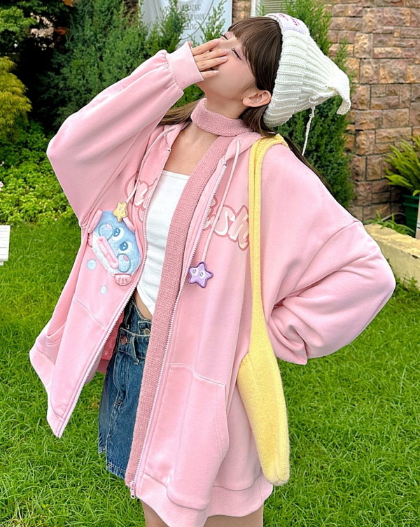 Manteau brodé de poulpe de dessin animé 3D rose Style Girly Kawaii manteau kawaii