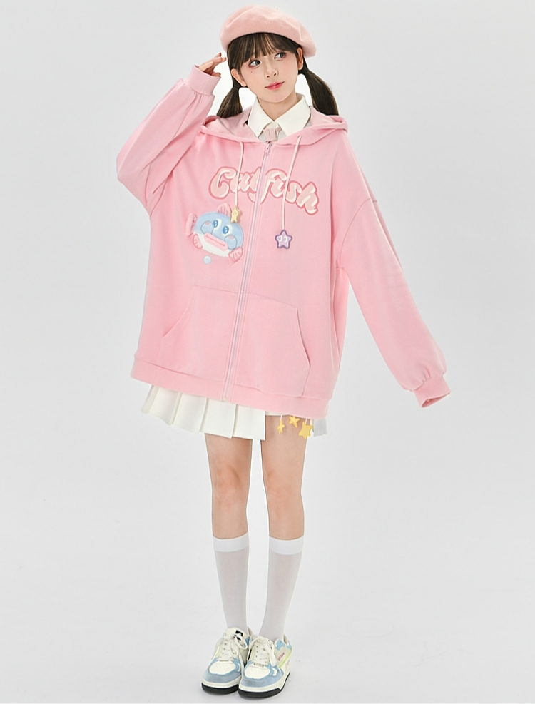Manteau de broderie de poulpe de dessin animé 3D rose de style girly kawaii