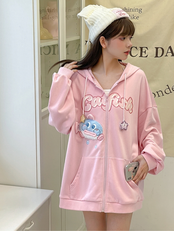 かわいいガーリー スタイル ピンク 3D 漫画タコ刺繍コートコートかわいい