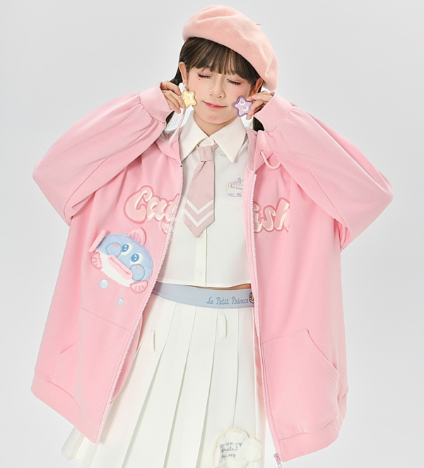 かわいいガーリー スタイル ピンク 3D 漫画タコ刺繍コートコートかわいい