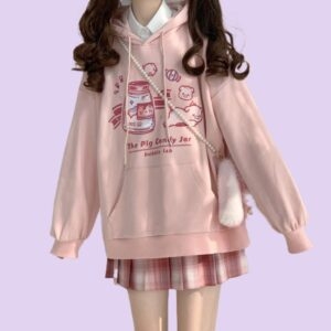 Kawaii japońska miękka dziewczyna w stylu różowa bluza z kapturem jesień kawaii