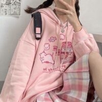 Różowa bluza z kapturem Kawaii w japońskim stylu miękkiej dziewczynki jesienne kawaii