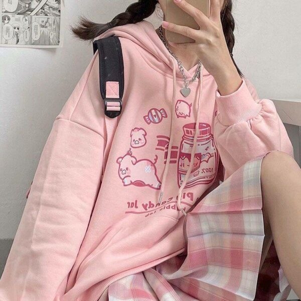 Felpa con cappuccio rosa stile ragazza giapponese morbida Kawaii 3