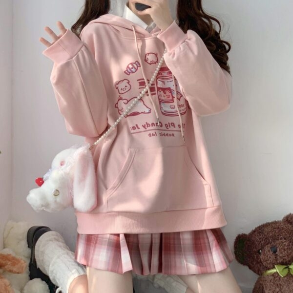 Felpa con cappuccio rosa stile ragazza giapponese morbida Kawaii 5