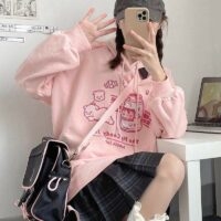 Różowa bluza z kapturem Kawaii w japońskim stylu miękkiej dziewczynki jesienne kawaii