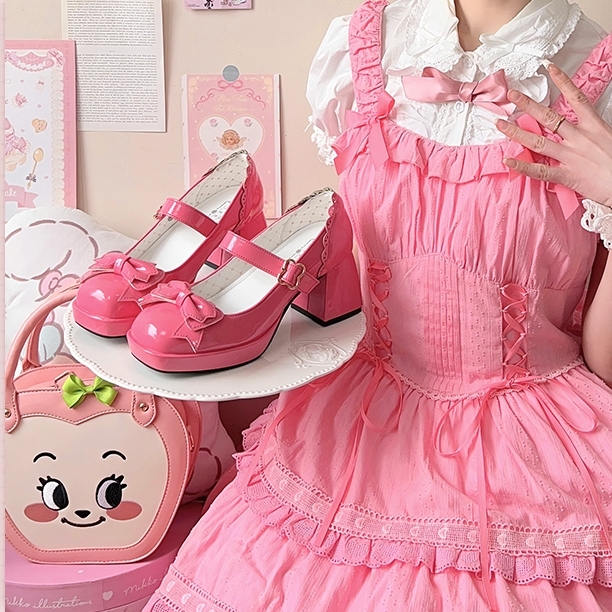 Kawaii rosa rosett Lolita-skor med hög klack