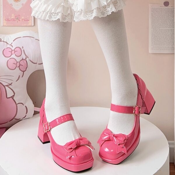 Kawaii rosa rosett Lolita-skor med hög klack Bow kawaii