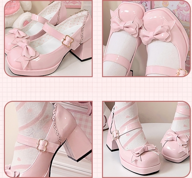 Kawaii rosa rosett Lolita-skor med hög klack