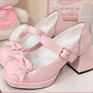 Sapatos Lolita de salto alto com laço rosa Kawaii Arco kawaii