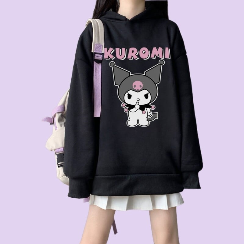 Kawaii Soft Girl Style Cartoon Kuromi Print Loose Hoodie - Kawaii ...