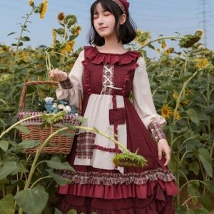 Costume de robe Lolita du Petit Chaperon Rouge de style pastoral automne kawaii