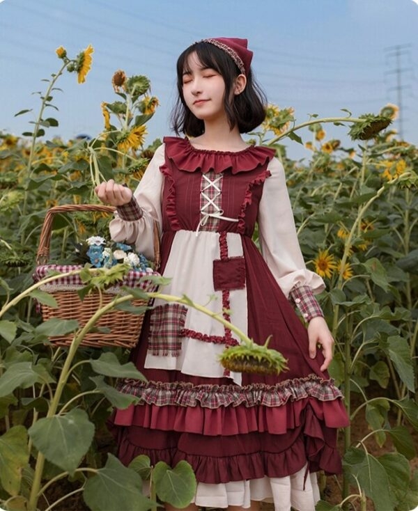 목가적 인 스타일의 빨간 망토 로리타 드레스 슈트 가을 카와이