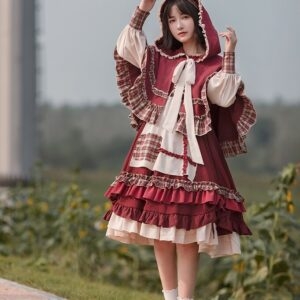 목가적 인 스타일의 빨간 망토 로리타 드레스 슈트 가을 카와이