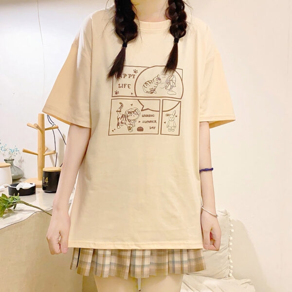 Japanese Soft Girl Style White Cartoon Kitten Print T-shirt 5