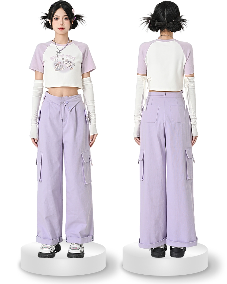 Pantalones cargo rectos de cintura alta de color púrpura sólido