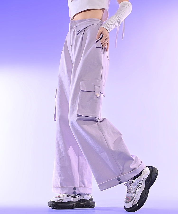 Purple Solid High Waist Straight Cargo Pants - Kawaii Fashion Shop