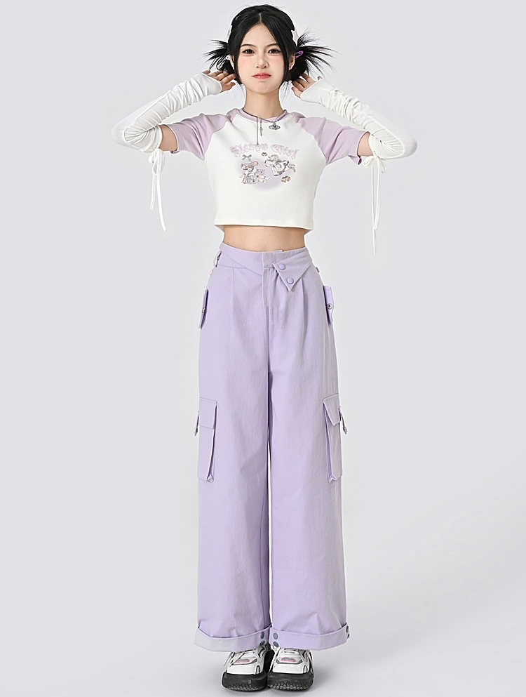 Purple Solid High Waist Straight Cargo Pants - Kawaii Fashion Shop | Cute  Asian Japanese Harajuku Cute Kawaii Fashion Clothing