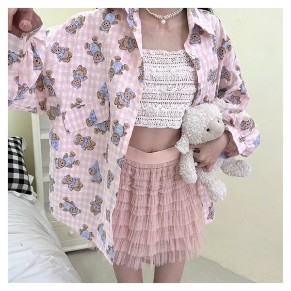 Camisa doce e macia estilo menina rosa com estampa de urso urso kawaii