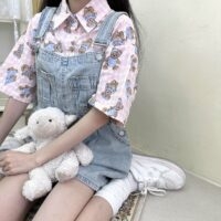 달콤한 부드러운 소녀 스타일 핑크 베어 프린트 셔츠 곰 카와이