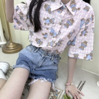달콤한 부드러운 소녀 스타일 핑크 베어 프린트 셔츠 곰 카와이