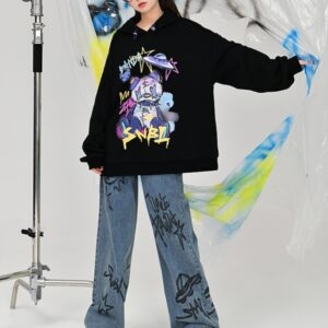 بنطال جينز عالي الخصر بطباعة جرافيتي على شكل رسوم متحركة على طراز سويت ستايل الدب كاواي
